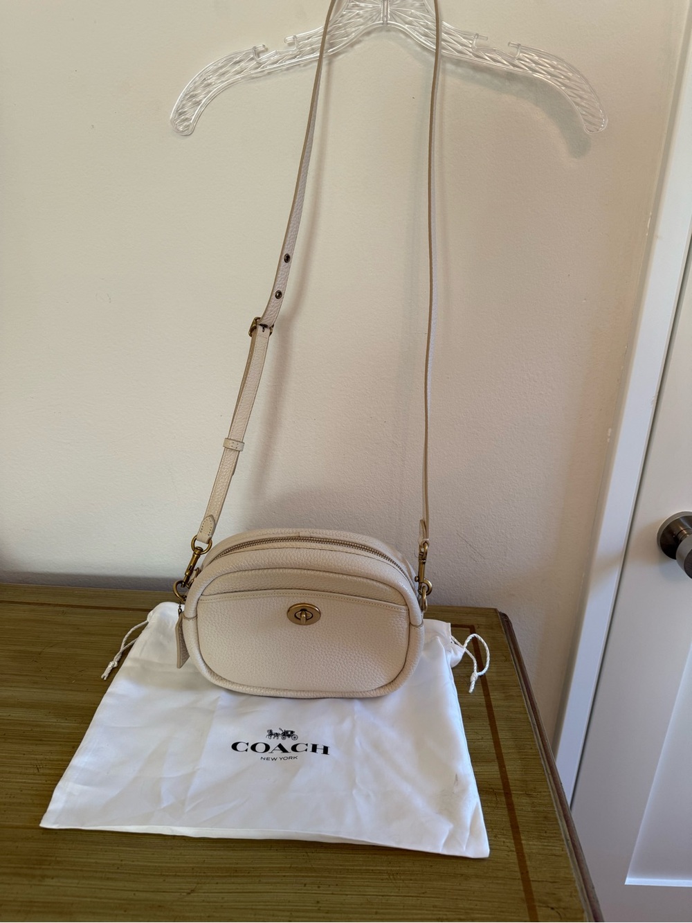 Coach Pebbled Leather Crossbody Bag in Light Beige with Gold Hardware